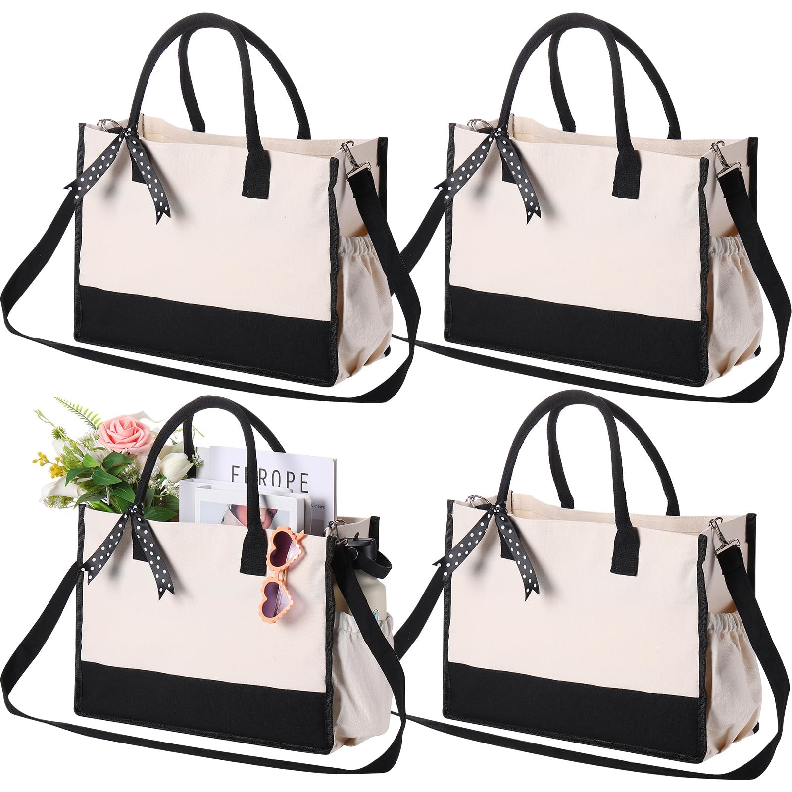 Sweetude 4 Pcs Canvas Tote Bag Shoulder Strap Black White Canvas Bag Zipper gallery