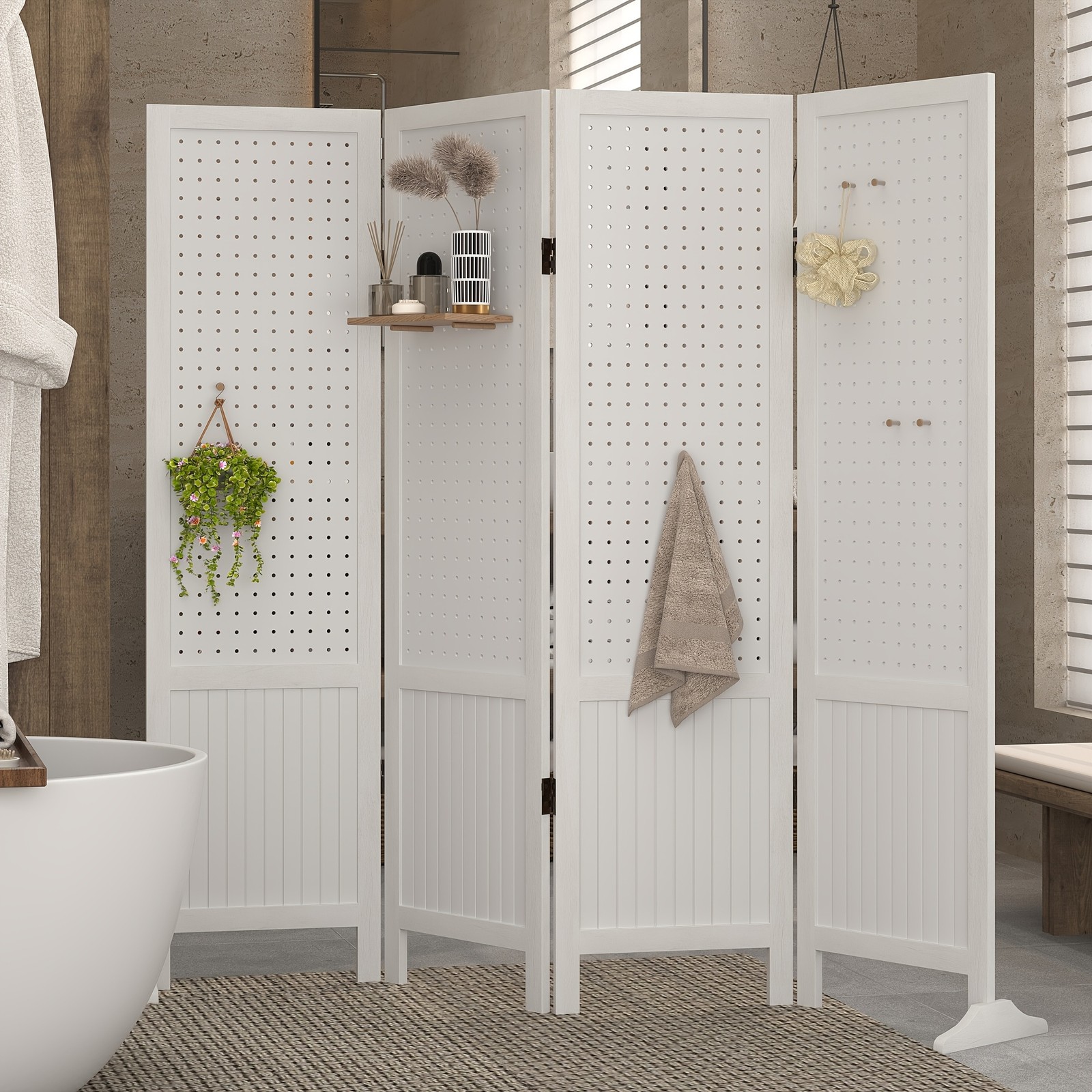 6 Panel Freestanding Pegboard Organizer with Storage Hooks, White gallery