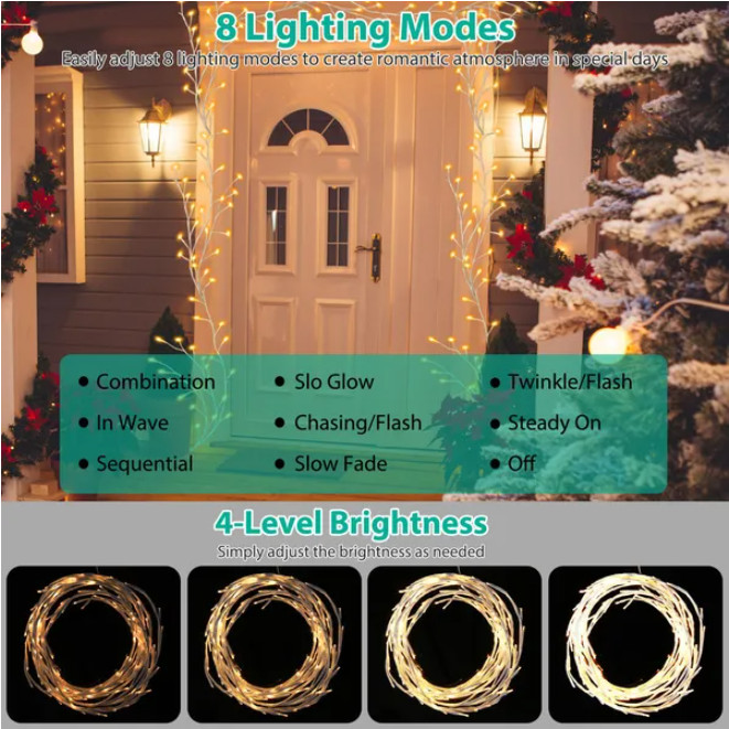 Birch Flower Wreath With Light String And Timer, 8 Modes, IP45 Waterproof gallery