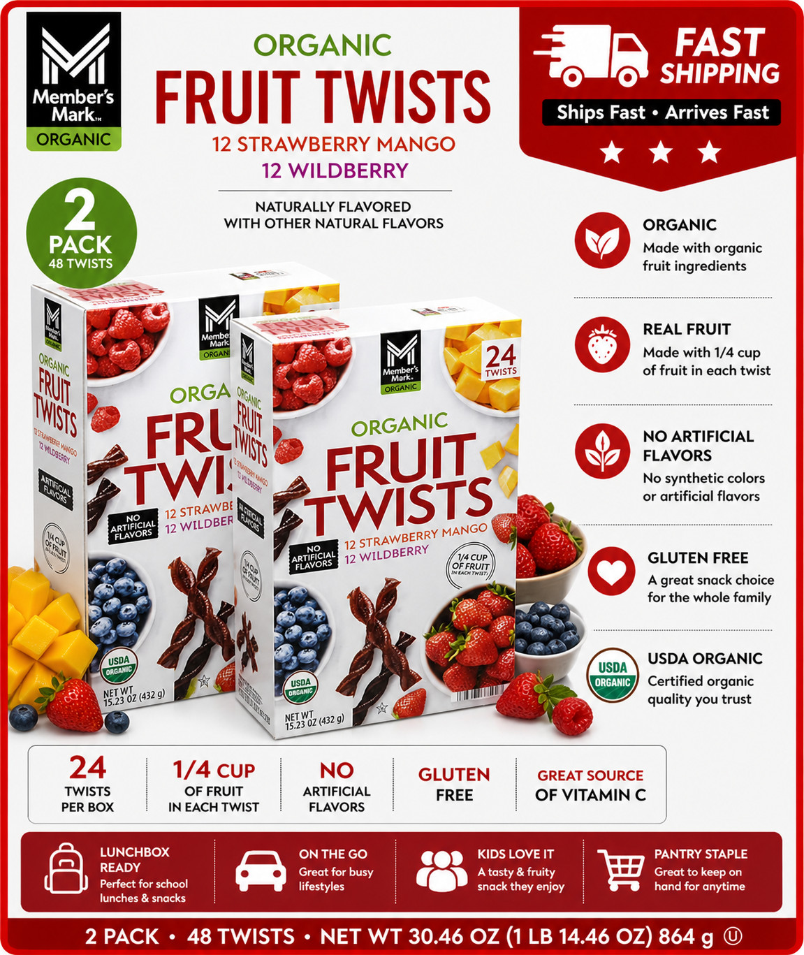 2PACK Member's Mark Organic Fruit Twists Variety Pack, 0.63 oz, 24 Count gallery