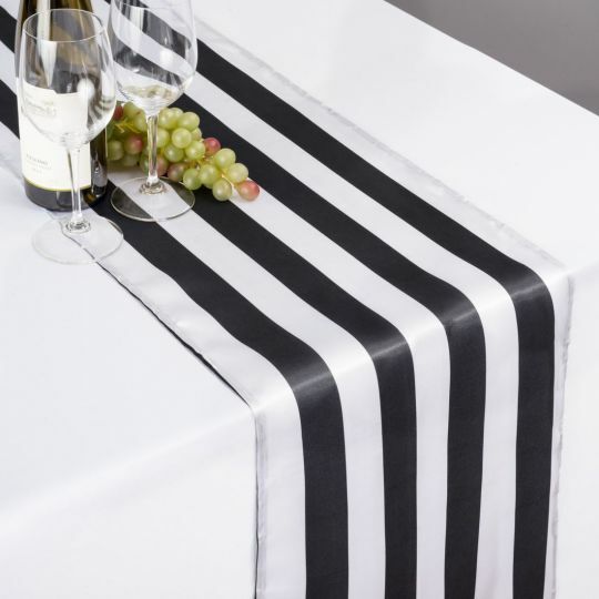 12"x108" INCH SATIN BLACK & WHITE STRIPED TABLE RUNNER CHARMEUSE PRINT SILK USA gallery