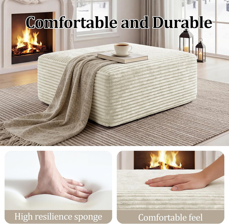 Beige Corduroy Ottoman - Modern Foam Foot Rest for Living Room & Bedroom gallery