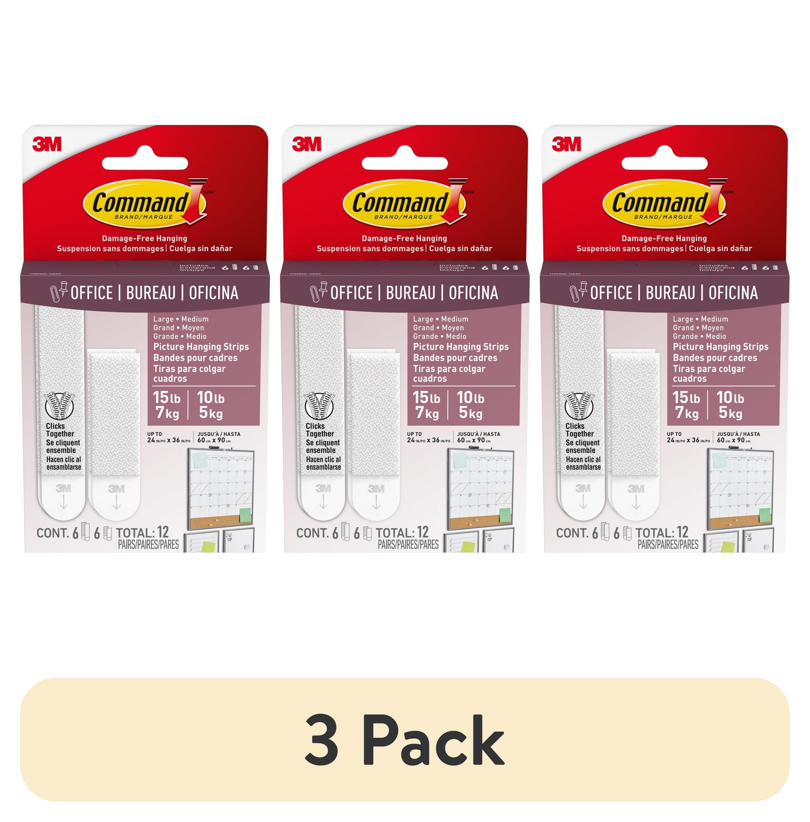 (3 pack) Command Medium and Large Picture Hangers, Holds 10 & 15 lbs, White gallery