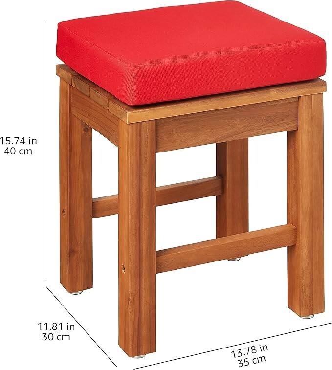 Outdoor Patio Stools with Cushions, Acacia Wood, Set of 2, Natural Finish gallery