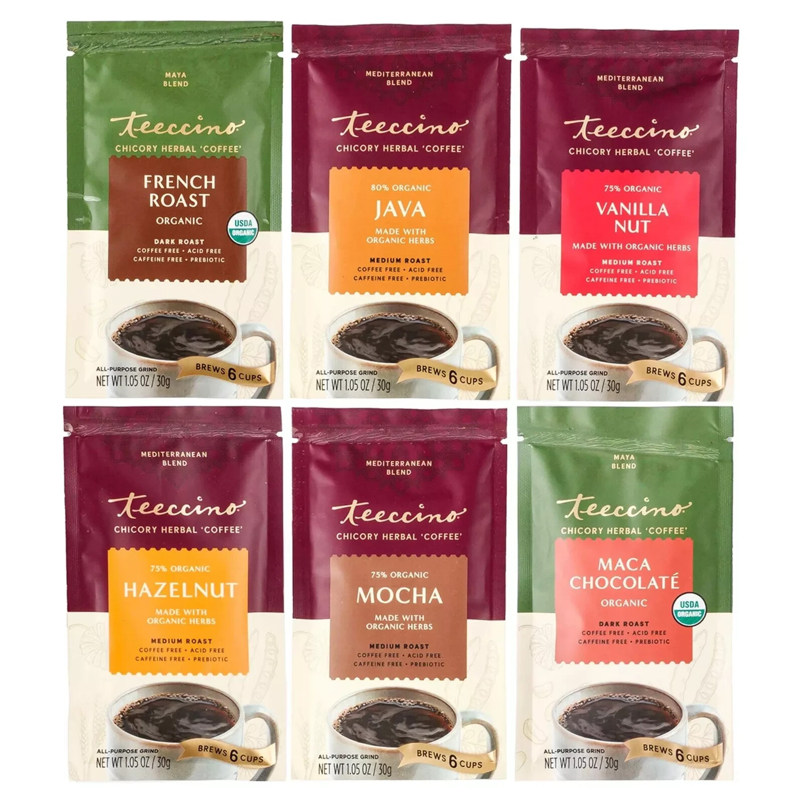 Teeccino Herbal Coffee Sampler - 6 x 30g Trial Size Chicory Coffee Alternativ... gallery