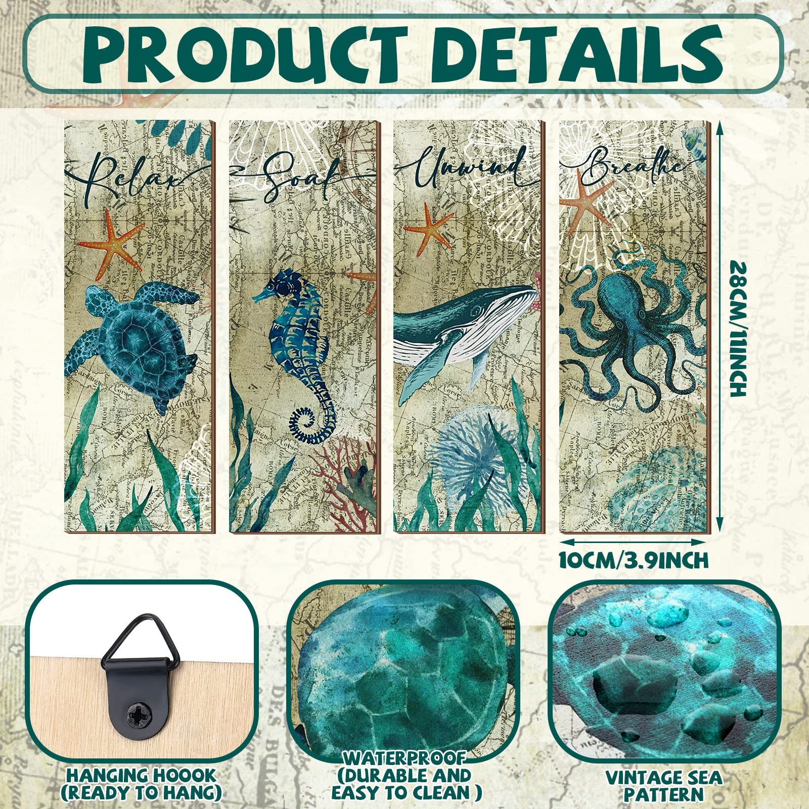 Qunclay 4 Pieces Beach Bathroom Decor Wall 11 x 3.9 inches, as pictures shown gallery