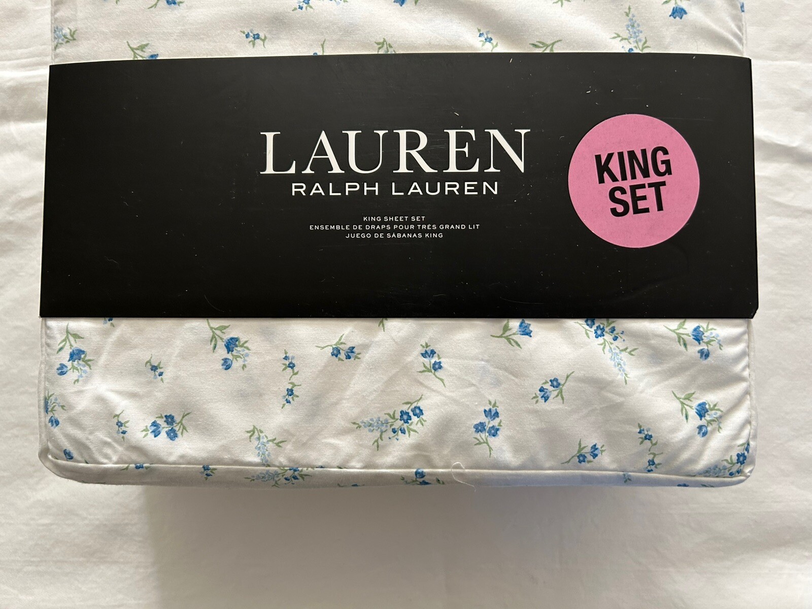 NEW 4pc Ralph Lauren King Sheet Set Cottage Petite Florals Blue & Green on White gallery