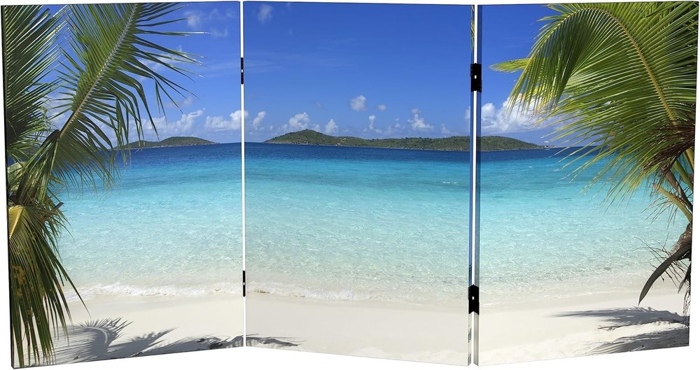 Red Lantern 2ft 3-Panel Folding Screen Beach Canvas Room Divider Blue 47"W NEW