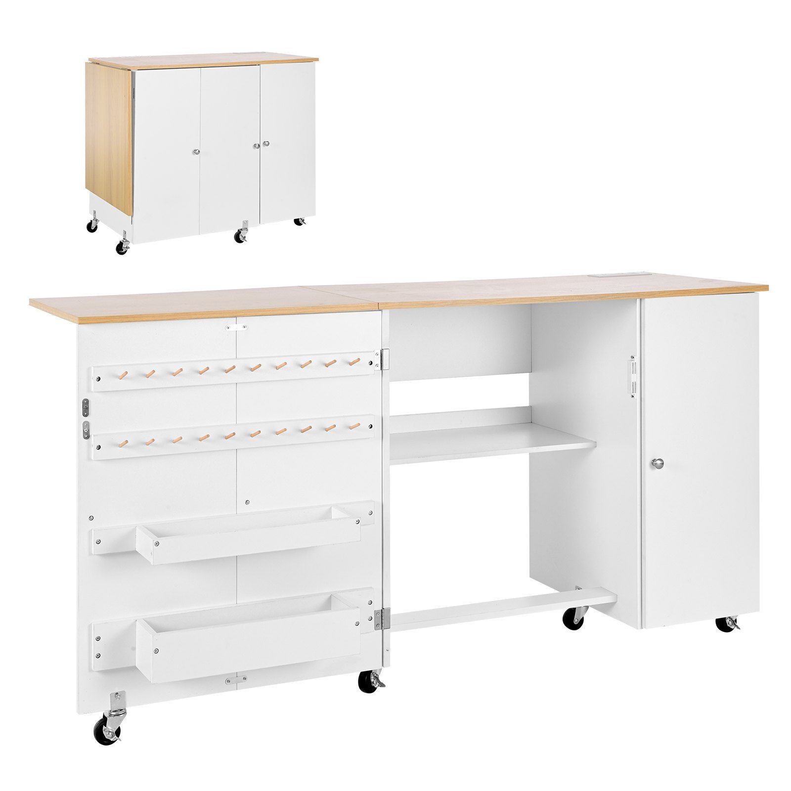 Compact Folding Sewing Desk 62x19in, 3-Tier Organizer, 2USB+2AC, 6 Casters gallery