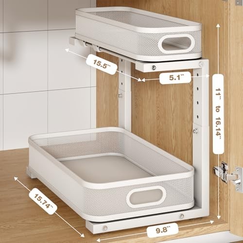 2 Pack Under Sink 2-Tier Pull Out Cabinet Organizer, Height Adjustable, White gallery