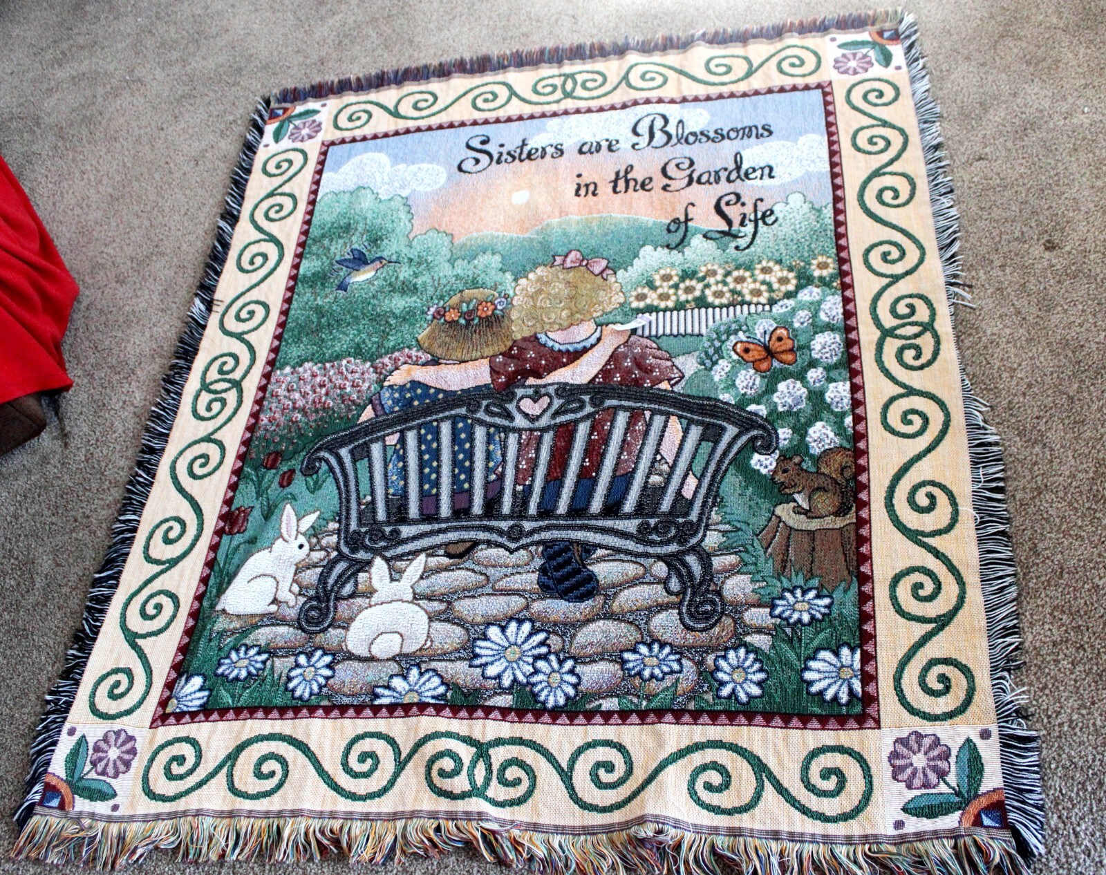 TAPESTRY THROW MULTICOLOR "SISTERS ARE BLOSSOMS IN THE GARDENT" 50 X 57" FLOWERS gallery