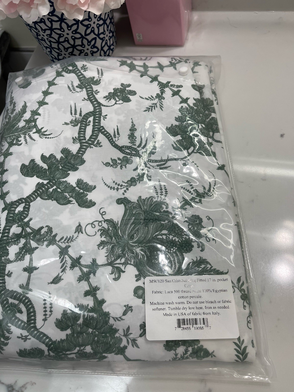 $425 Matouk Italy New 1pc King Fitted San Cristobal 500TC Percale 17” Green gallery