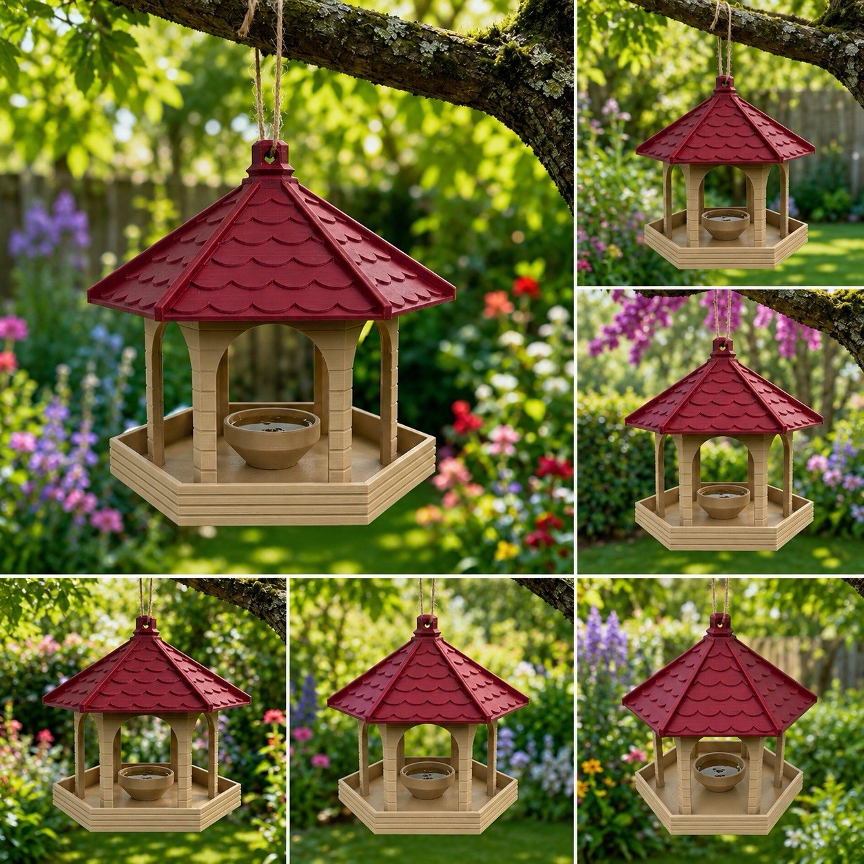 Hanging Traditional Seed Bird Feeder, Red/Beige, 1 Station, Easy Refill gallery