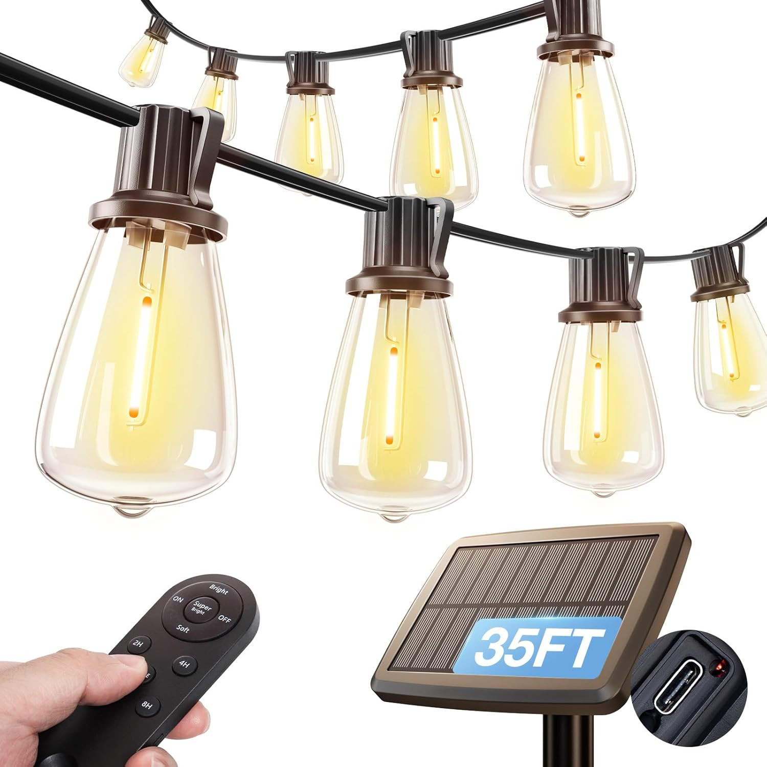 35FT Solar String Lights Outdoor, IP54 Waterproof Solar Powered with Remote & US gallery