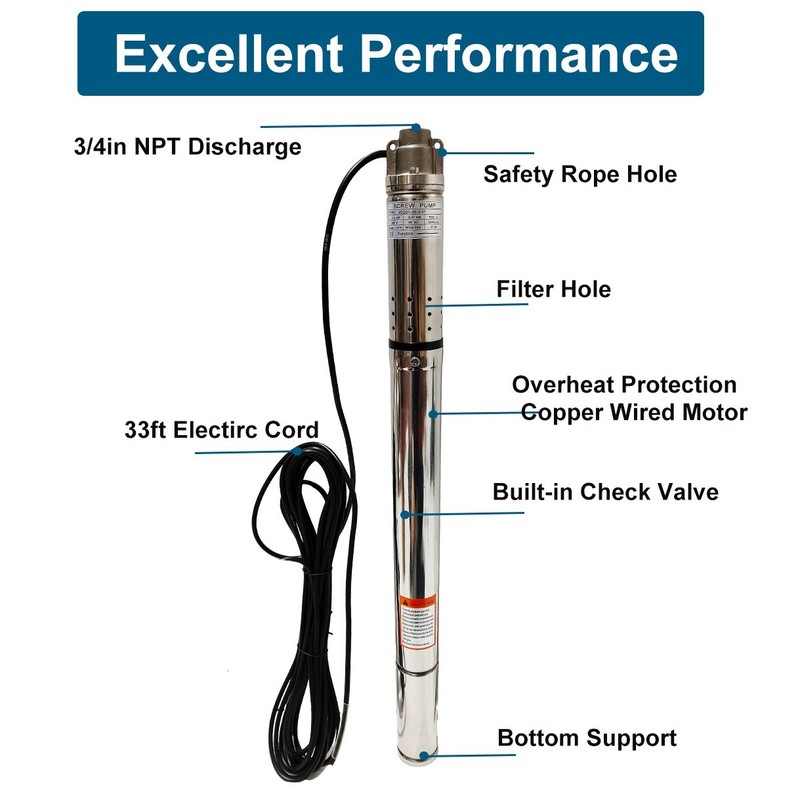 2" OD 1/2HP Deep Well Submersible Pump 220V 4.4GPM 164FT Max 33FT Cord 3/4in NPT gallery