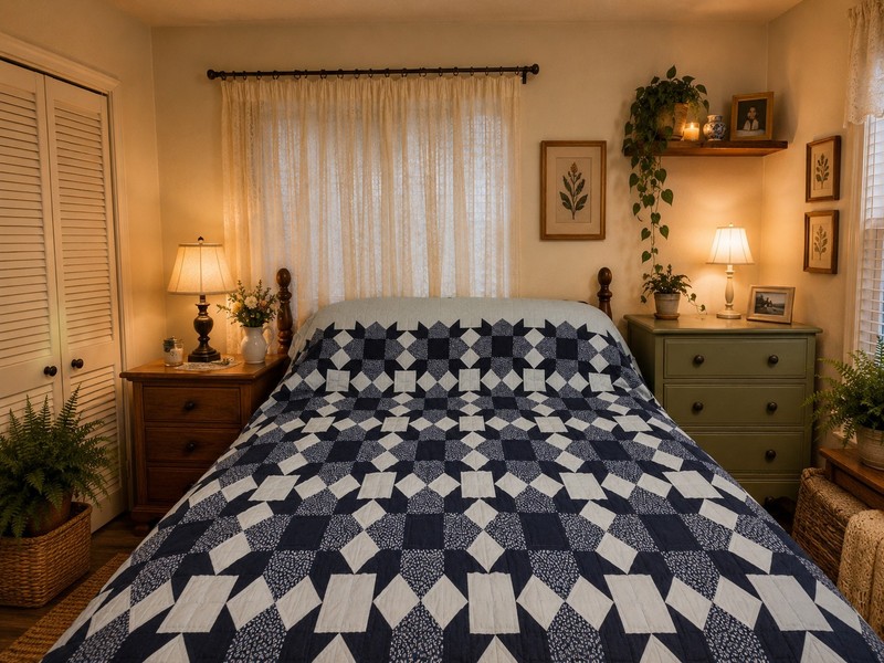 X Large HandStitched Blue White Patchwork Quilt King 106x98 Reversible Bedspread gallery