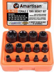 14 Pc Female E-Torx Star Socket Set/Rail, 1/4″ 3/8″ 1/2″ Drive, E24 Socket Set