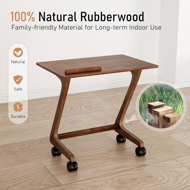 Stylish Dark Walnut Sofa Side Table with Casters - Perfect for Eating & Reading gallery