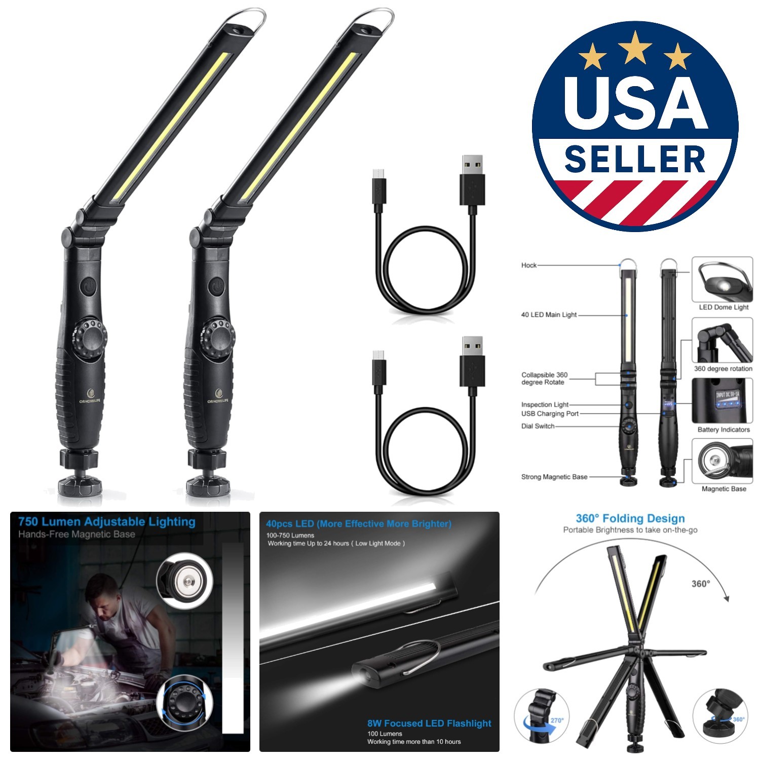High-Quality 2 Pack Rechargeable 750 Lumens LED Work Lights - Ergonomic Design gallery