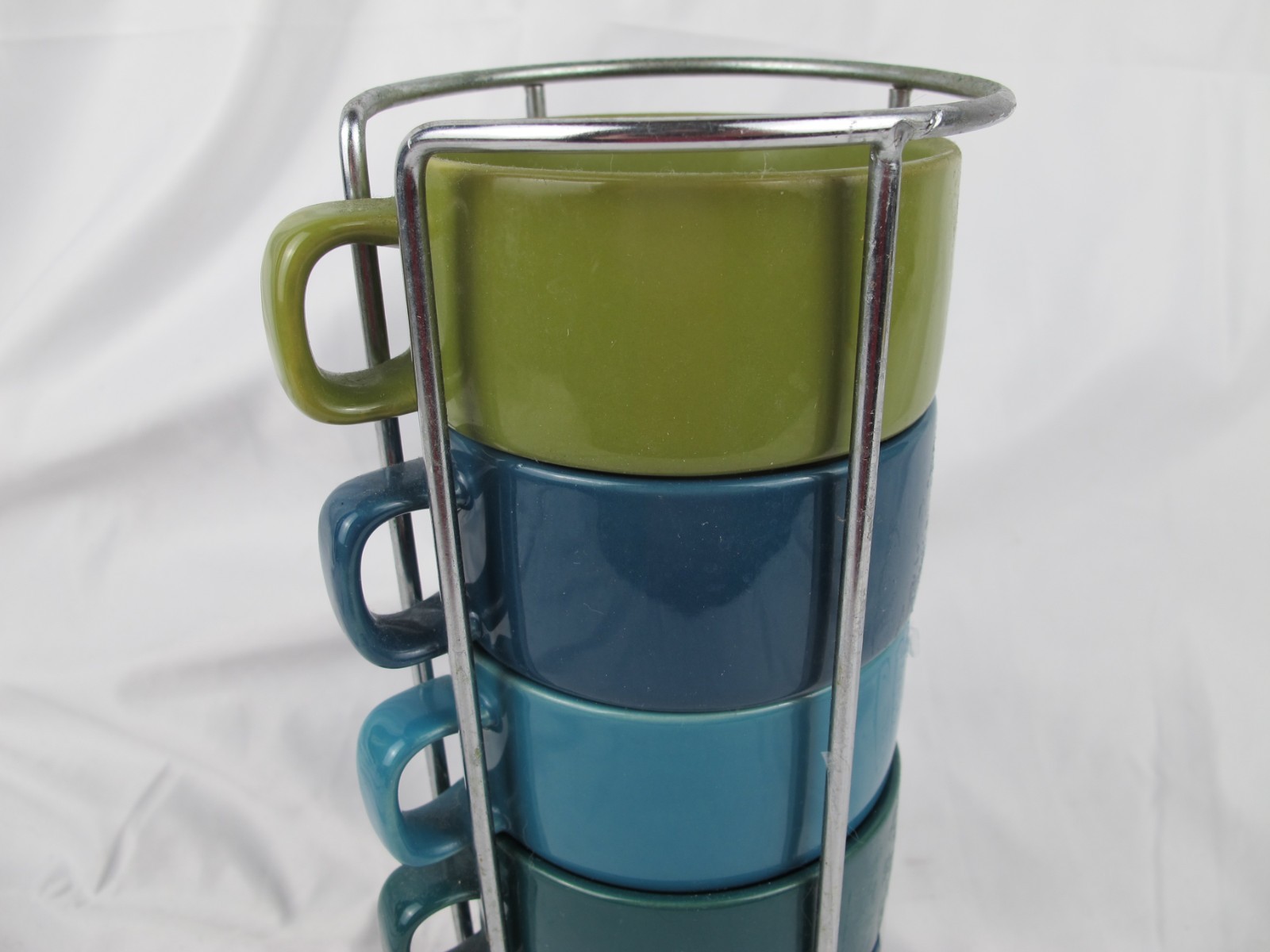 (6) World Market Stacking Mugs Cups Multi-Colored w/ Chrome Stand gallery