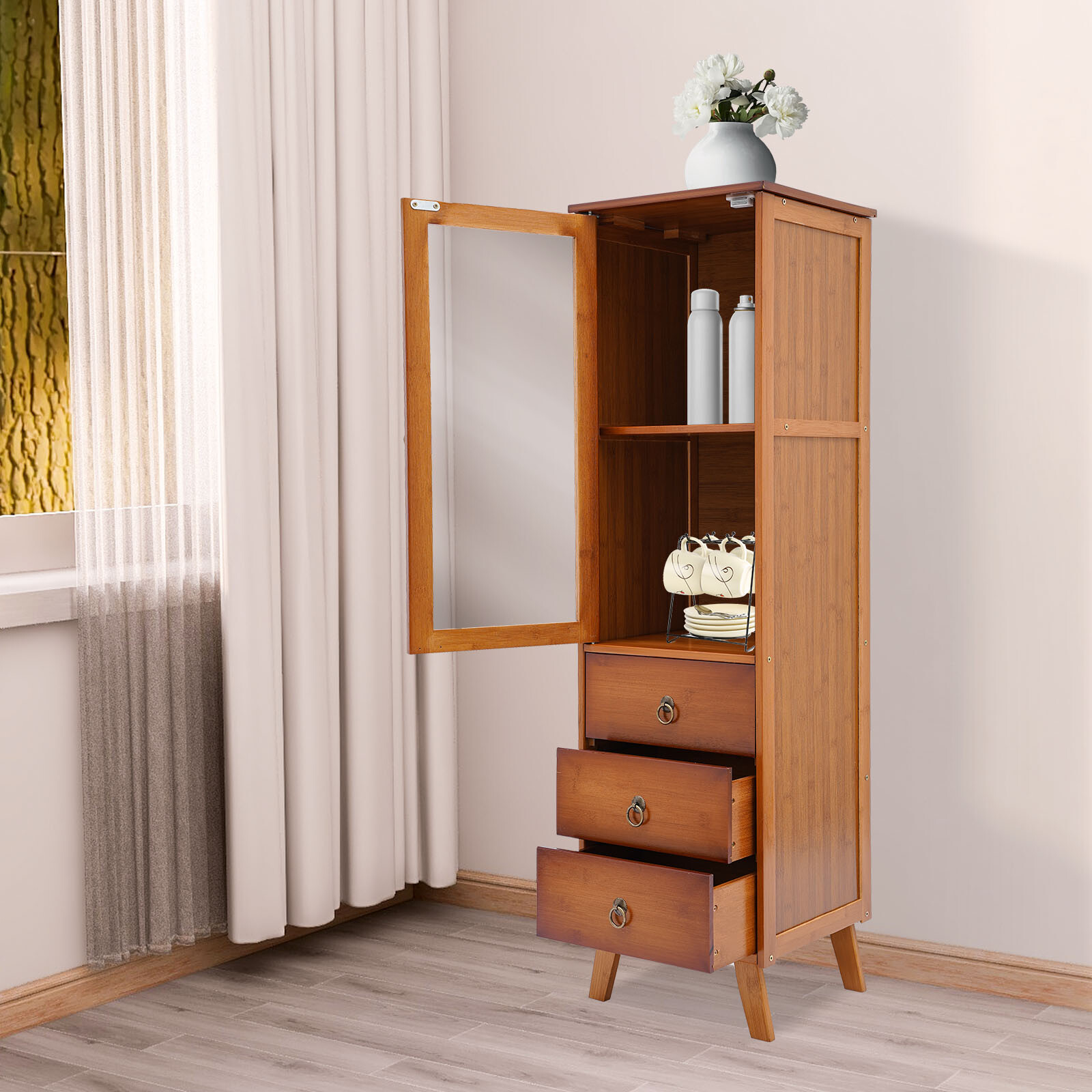 Durable Bamboo Storage Cabinet with Drawers Freestanding Single-door Cupboard gallery