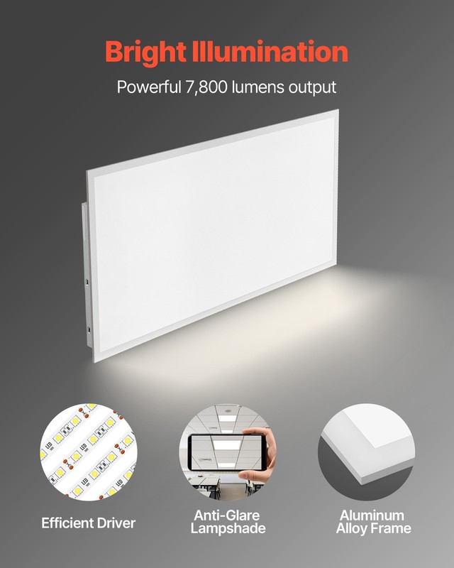 VEVOR 2x4 FT LED Flat Panel Light 7800LM Ceiling Fixture 4000K/5000K/6000K 2 PCS gallery