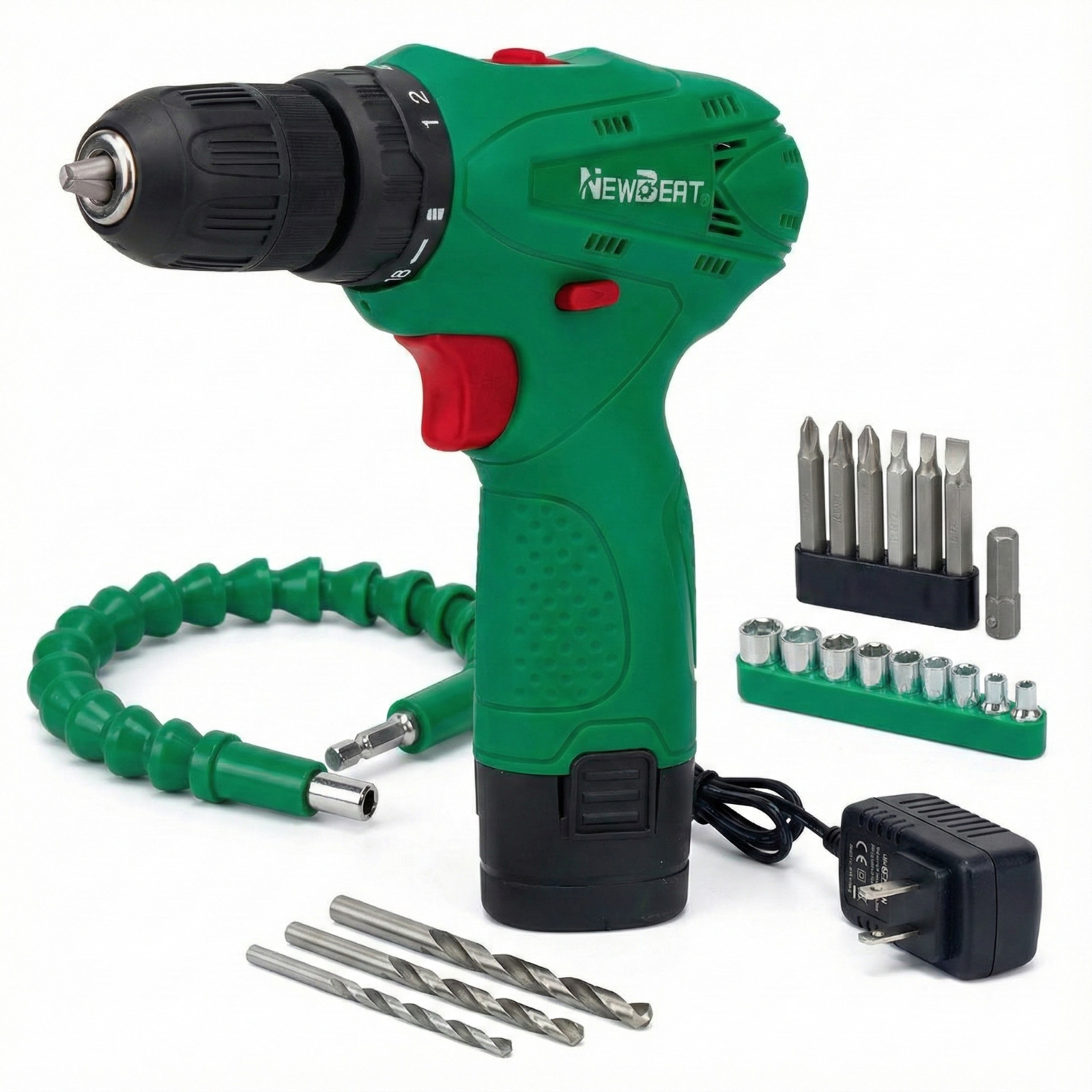 Electric Drill Set 12V Li-Ion Green Woodworking 18+1 Torque 1500RPM w/ Case gallery