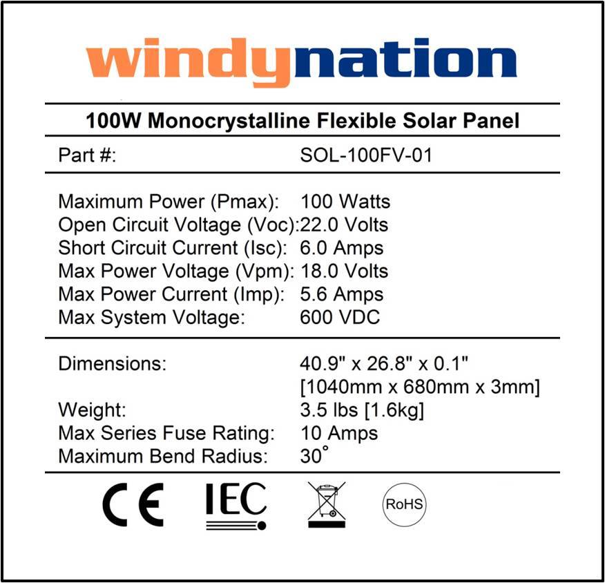 WindyNation 100 Watt 12V Flexible Solar Panel with Monocrystalline Solar Cells gallery