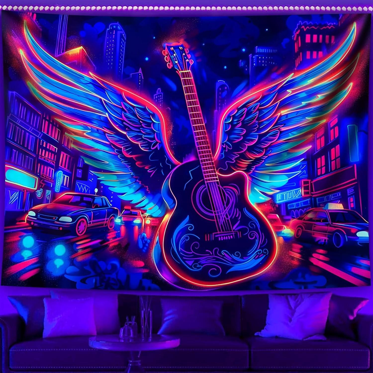 UV Reactive Blacklight Tapestry Guitar Wing Rock Music Neon Wall Art 80"x60" gallery