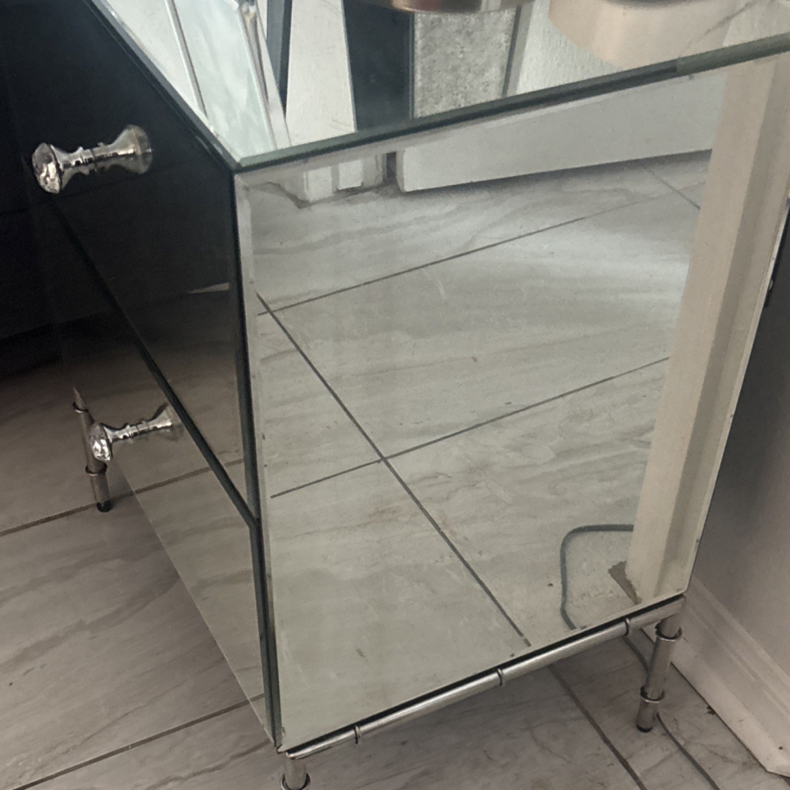 Modern Mirrored Nightstand, 2 Drawers, Glass, Silver, 32x18x28 in, Used gallery