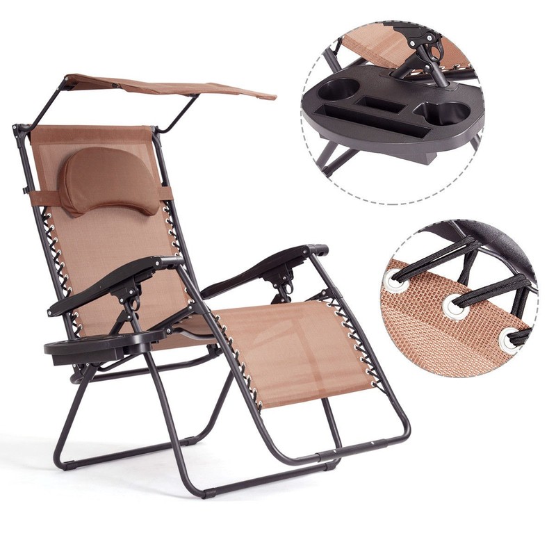 Folding Recliner Zero Gravity Lounge Chair W/ Shade Canopy Cup Holder Brown gallery