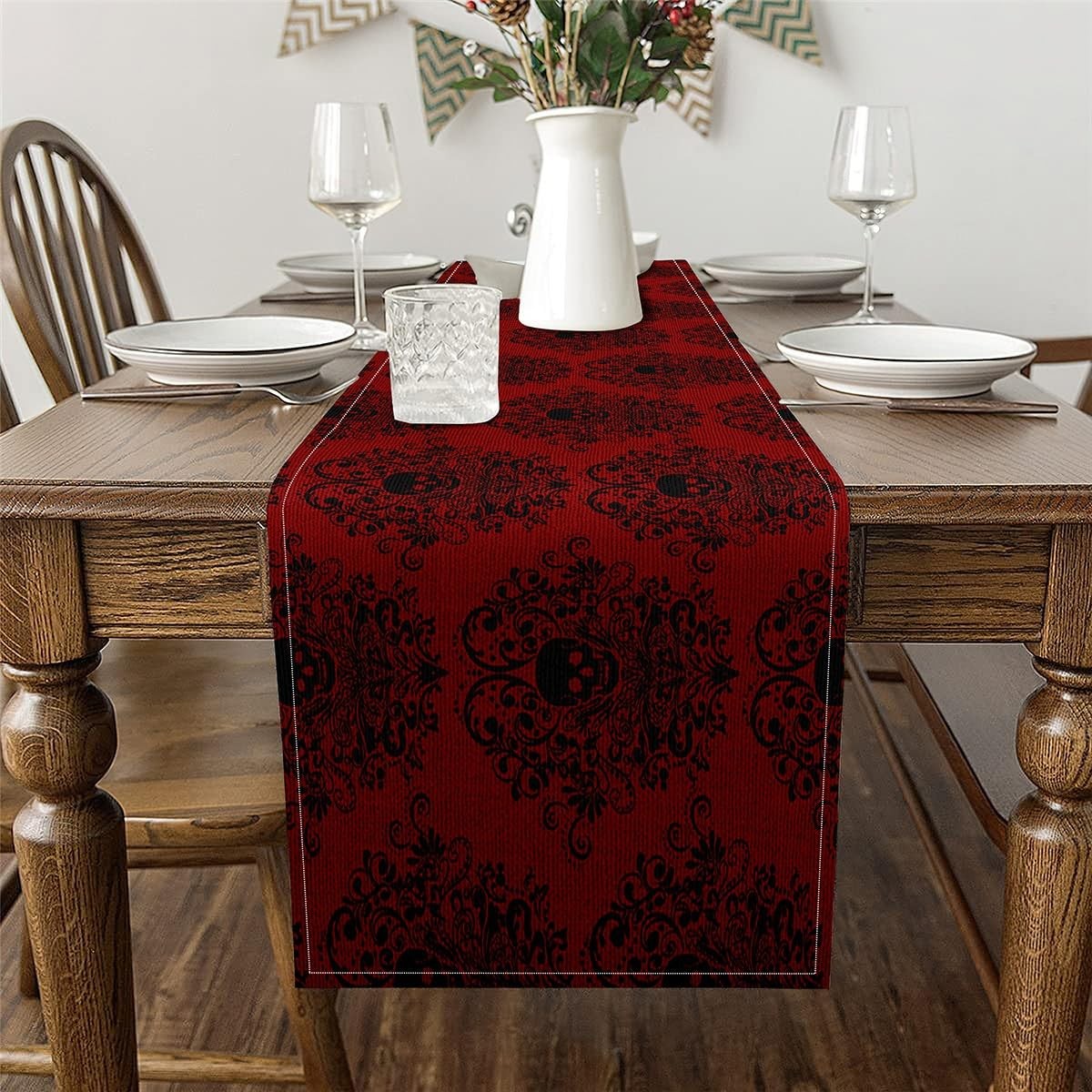 Gothic Skull Table Runner,13" x 48" Damask Print Dresser Scarfs Goth Bohemian... gallery