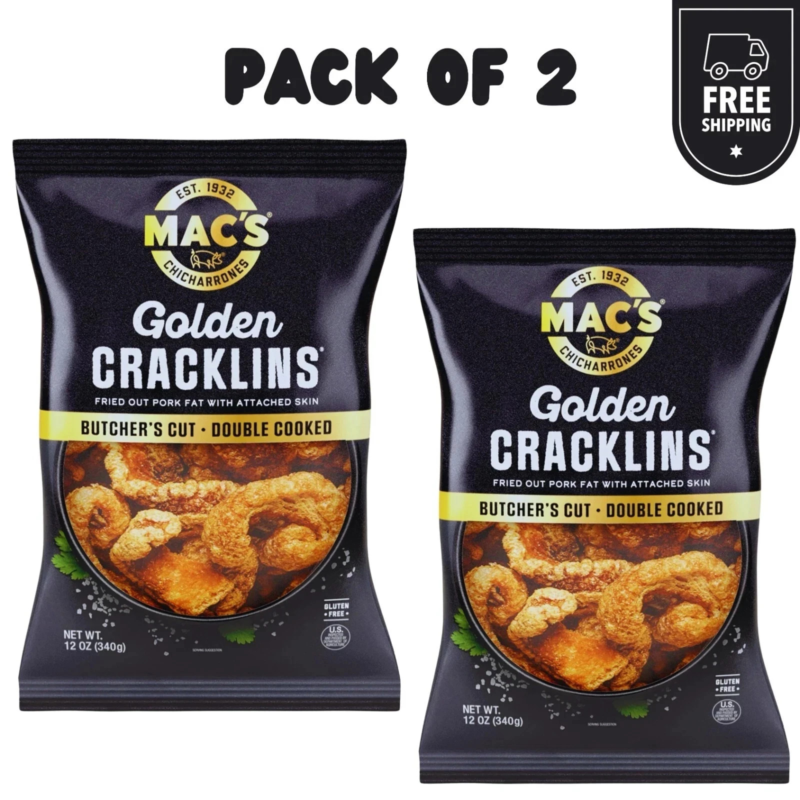Mac's Chicharrones Golden Cracklin Curls, Fried Pork Fat with Skin, 12 oz, 2Pack gallery
