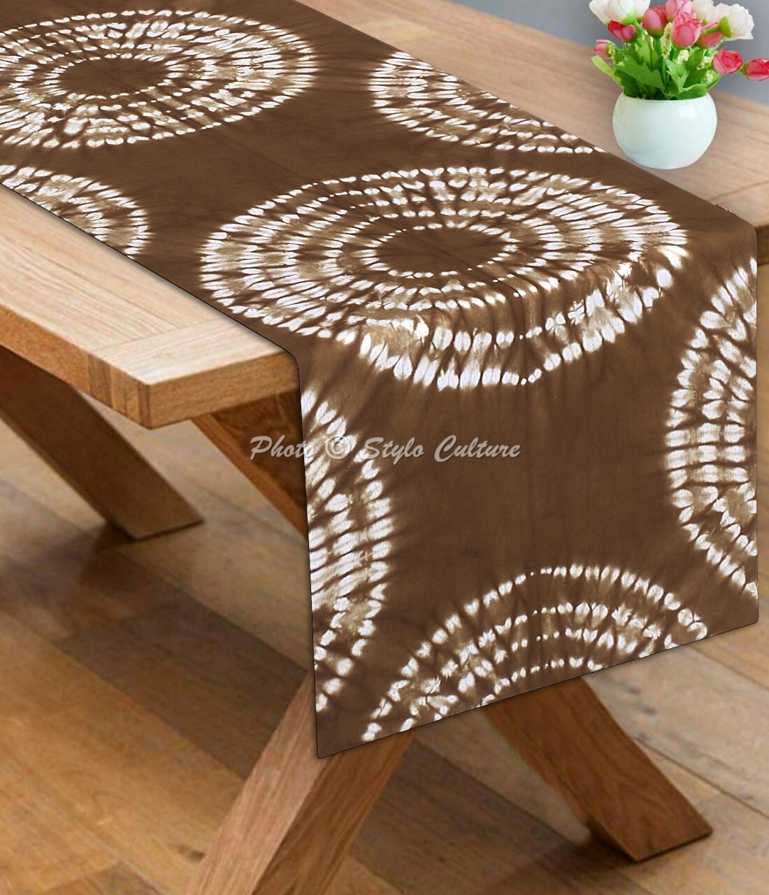Bohemian Cotton Table Runner Shibori Brown Long Boho Circles Tie Dye Tablecloth gallery
