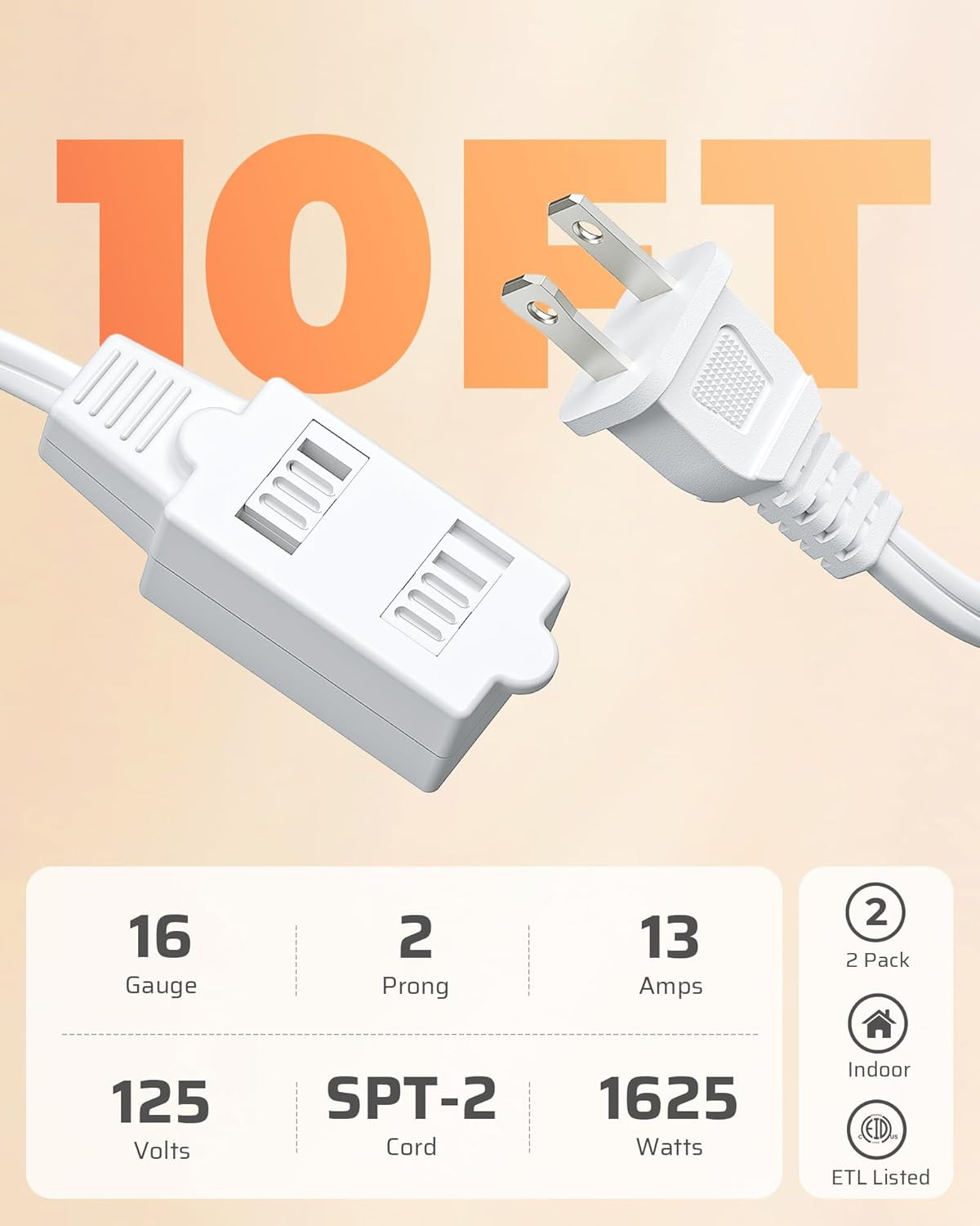 DEWENWILS 10FT Extension Cord, 2 Prong Extension Cord 3 Outlet 13A/125V/1625W gallery