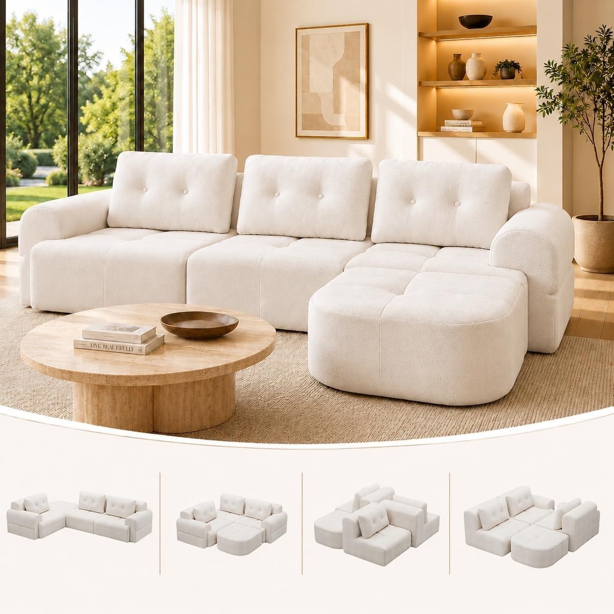 112" Modular Sectional Sofa Couch with Chaise L-Shaped Tufted Cloud Couch, Beige gallery