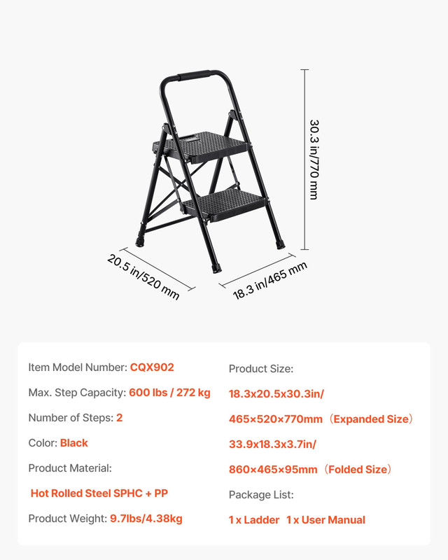 VEVOR 2 Step Ladder, Folding Step Stool with Wide Anti-Slip Pedal and Comfort Ha gallery