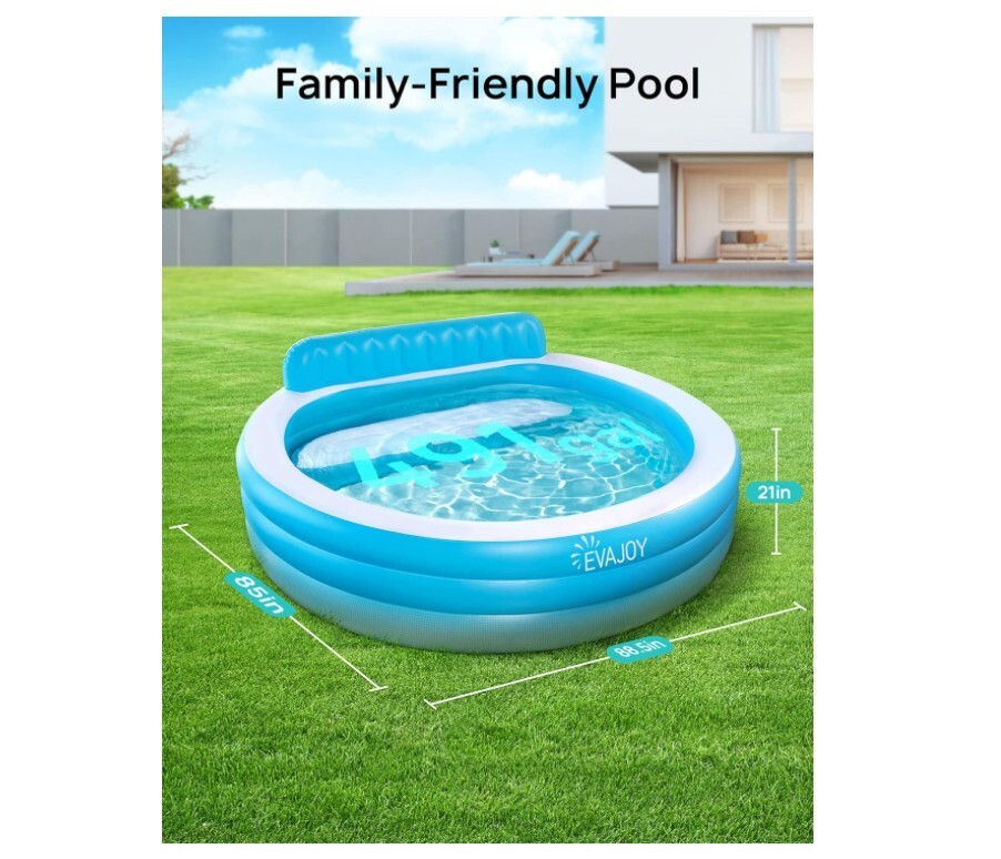 Evajoy Inflatable Swimming Pool 491 Gallons 88"x 85"x30" Family Size With Seat gallery