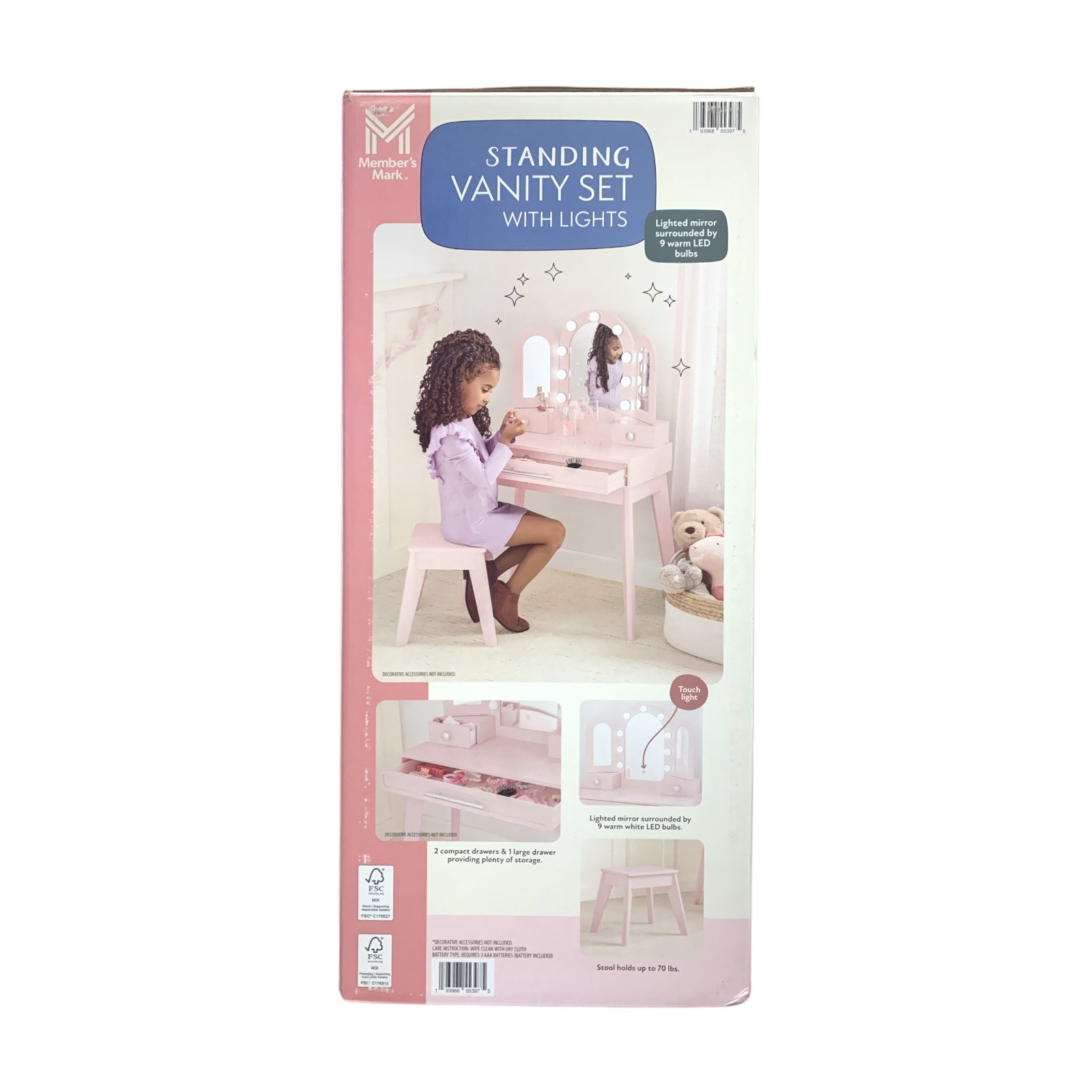Member's Mark Vanity Set with Lights & Stool, Three Panel Mirror, 9 LED Lights gallery