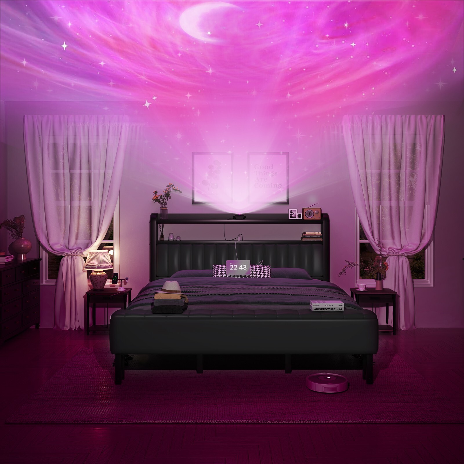 Full/Queen/King Size Bed Frame with Starry Sky Lights and Storage gallery