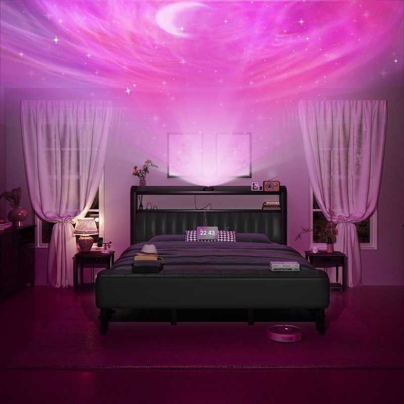 Queen Size Upholstered Bed Frame with Starry Sky Lights and Storage Drawer gallery