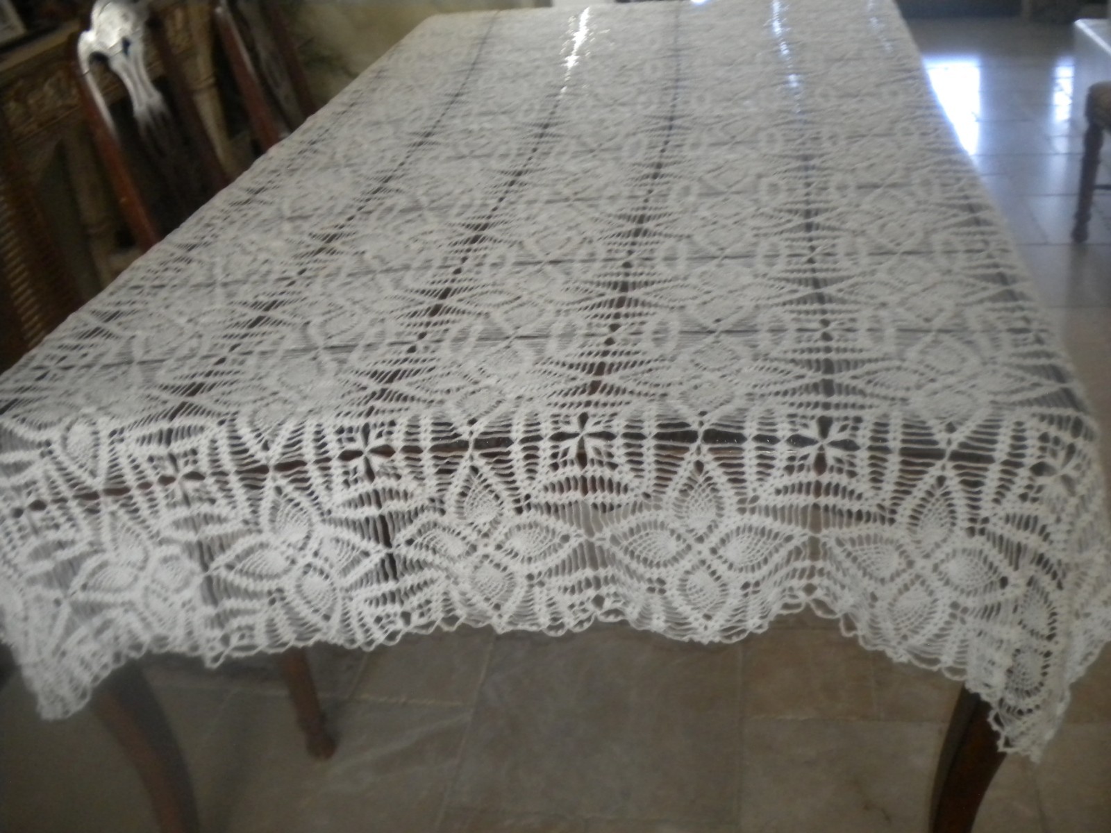 HAND CROCHETED WHITE TABLECLOTH VINTAGE STAR PATTERN 60" W 180" L COTTON BOX30 gallery