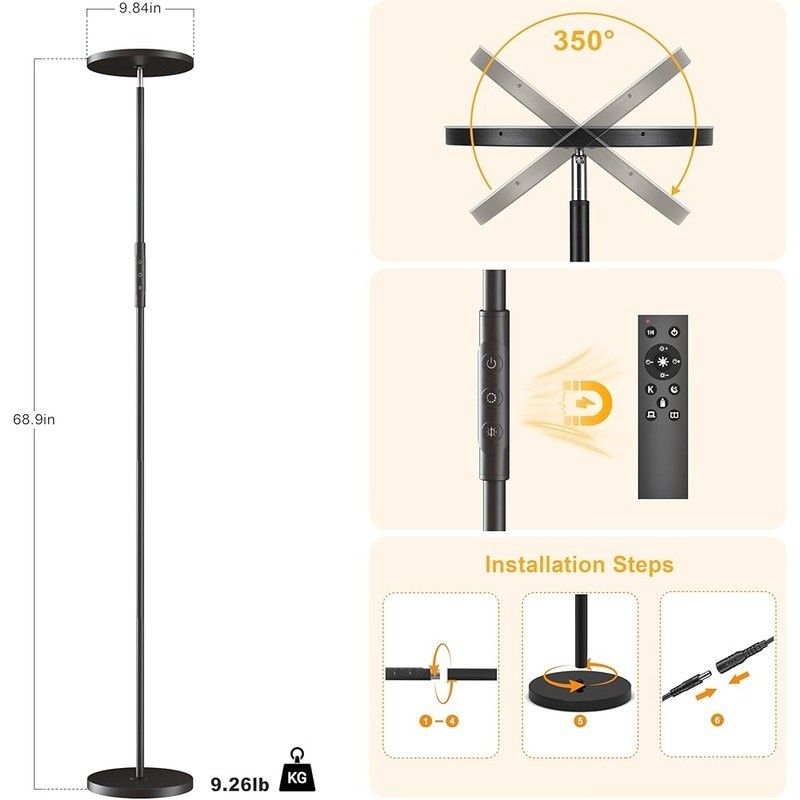 Stepless Dimming LED Floor Lamp Remote Control Eye Caring Rotatable Heavy Base gallery