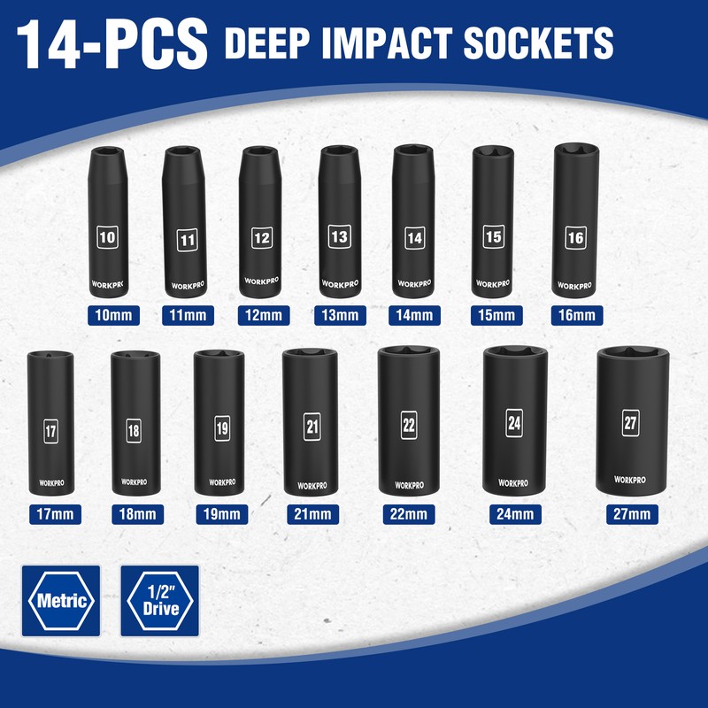 WORKPRO 1/2''Drive Deep Impact Socket Set 6-Point Impact Deep w/Storage Case14pc gallery