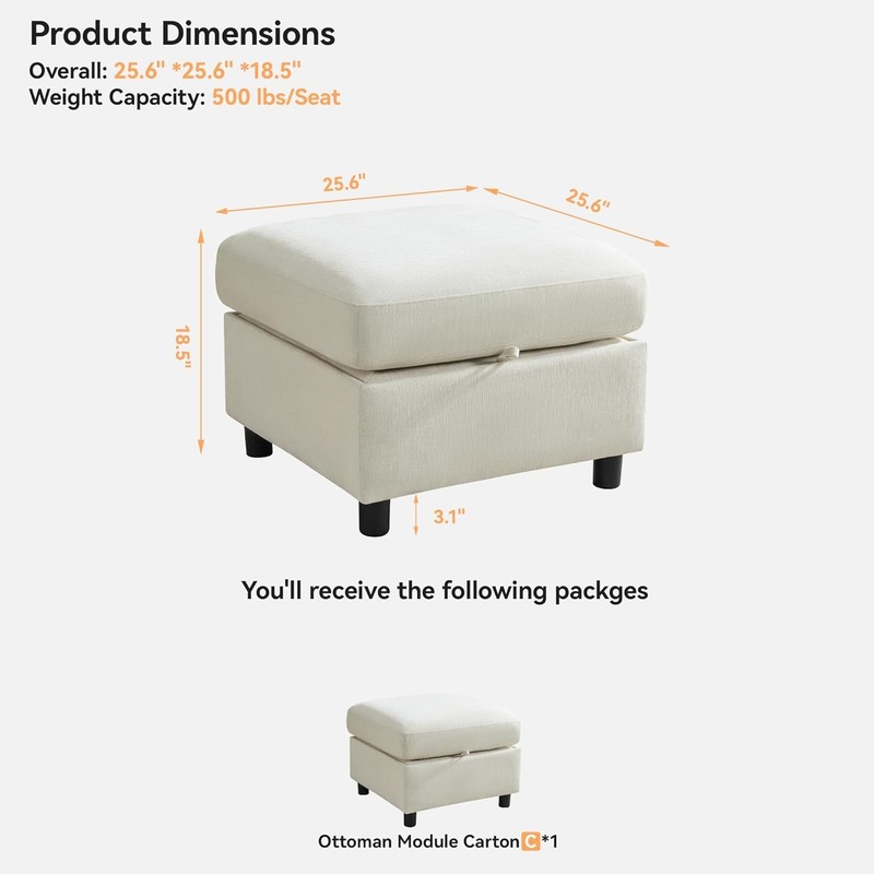 25" Square Storage Ottoman for Modular Sectional Sofa, Convertible Couch gallery