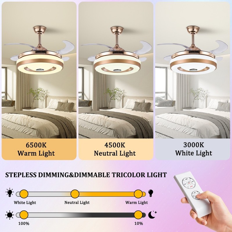 42"Retractable Ceiling Fan Light Bluetooth Speaker RGB Color Changing Chandelier gallery