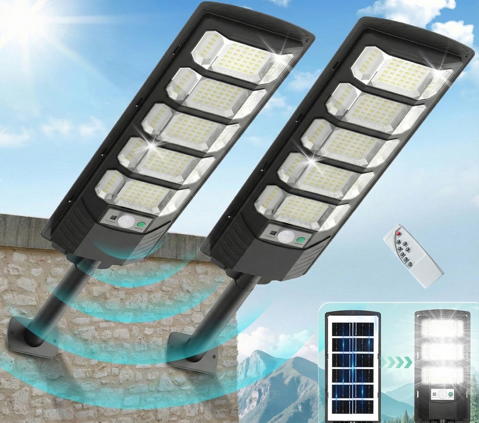 2PCS 540 LEDs 6500K Solar Street Lights Outdoor Dusk to Dawn W/Motion Sensor NEW gallery