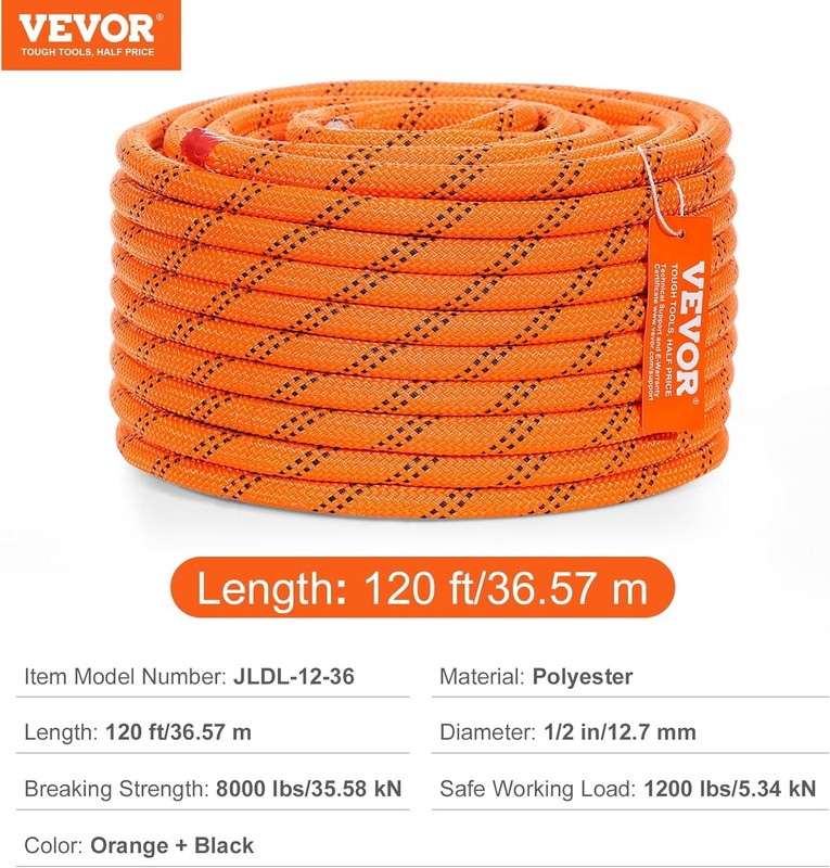 VEVOR Double Braided Polyester Rope, 1/2 in x 120 Inch x 120 FT, Orange gallery