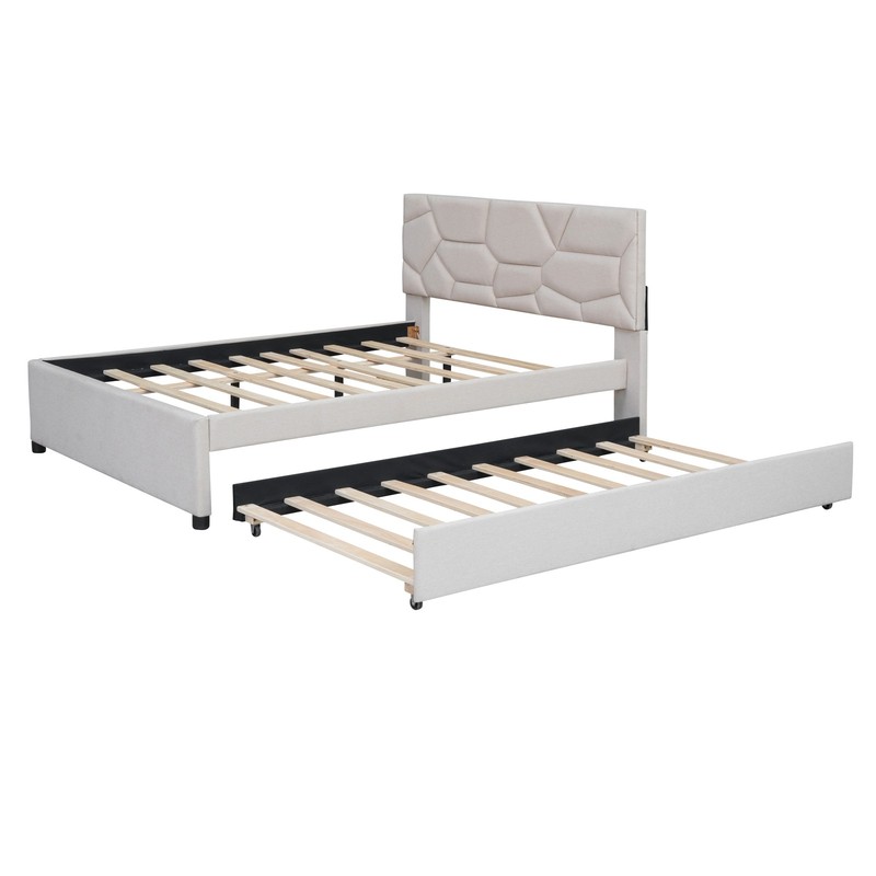 Full Size Upholstered Platform Bed with Brick Pattern Headboard and Twin Size Tr gallery