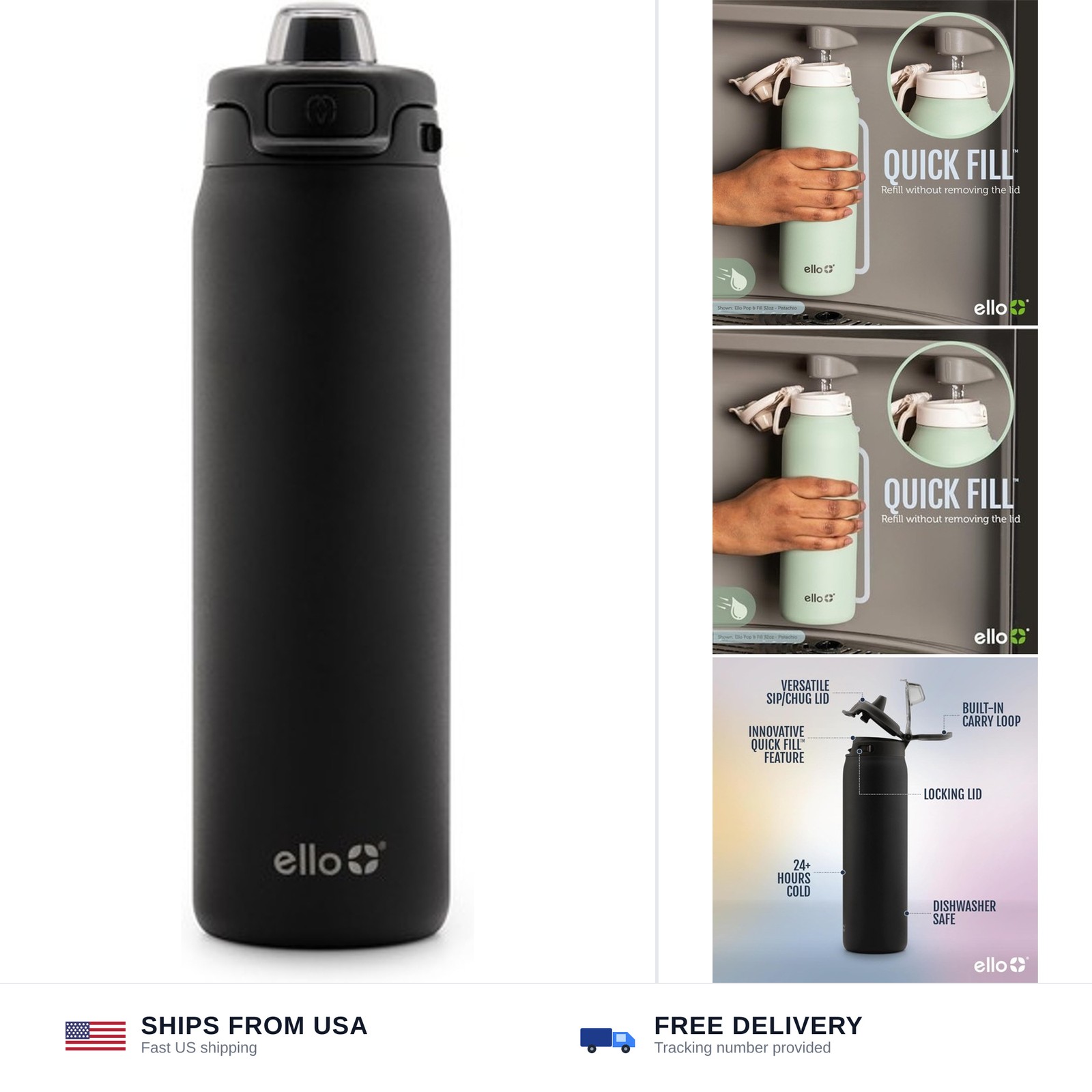 Ello Pop & Fill Insulated Stainless Steel Water Bottle with Quick Fill Lid, L... gallery